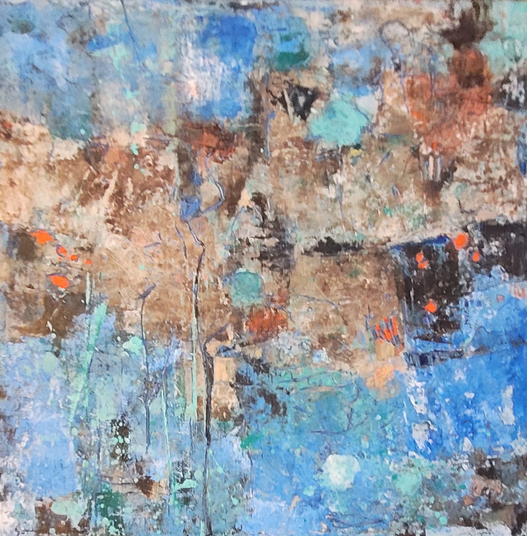 Neighbourhood Drift blends blues, browns, turquoise, and orange in textured layers, capturing the ebb and flow of urban life. This abstract piece highlights the balance between city and nature, urging respect for green spaces.